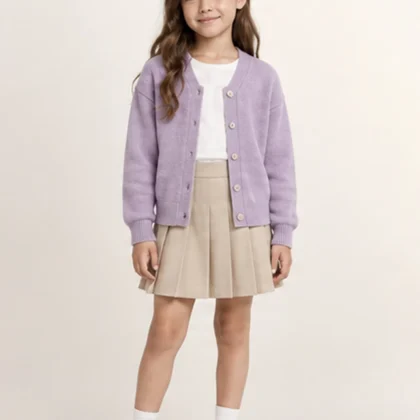 Girls’ Button Cardigan & Pleated Skirt Set – Blossom
